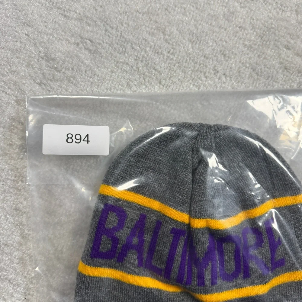 Baltimore Beanie‎ Hat Grey Purple Gold Striped Cuffed Knit Winter Cap Unisex